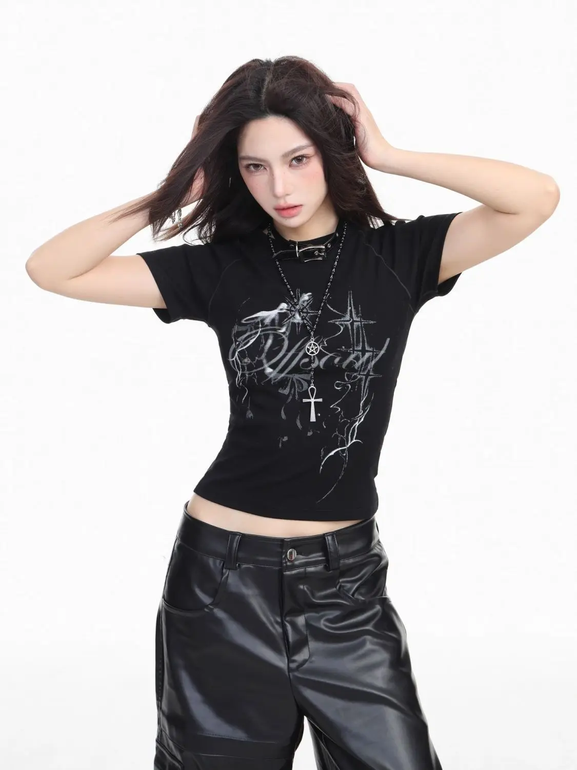 Slim Fit Gothic Graphic Print Short Sleeve T-Shirt Women's Y2K Style Casual Retro Lettering Alt Baby Tee