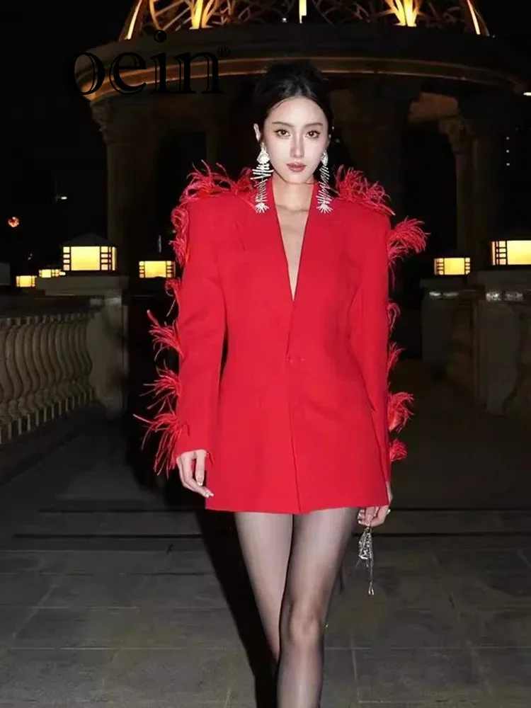 

[oein] Red Light Mature Style Feather Spliced Suit Jacket Early Spring New Style High-end Temperament Explosive Street Suit Top