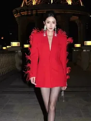 [oein] Red Light Mature Style Feather Spliced Suit Jacket  Early Spring New Style High-end Temperament Explosive Street Suit Top