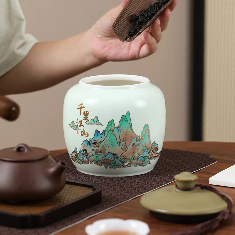 

High-grade Chinese ceramic tea cans, large moisture-proof sealed cans, tea cans for storage