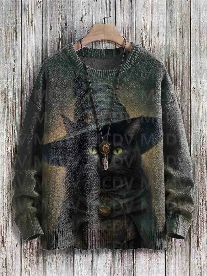 Halloween Black Cat Art Pattern Print Casual Knit Pullover Sweatshirt Men's For Women's Pullover