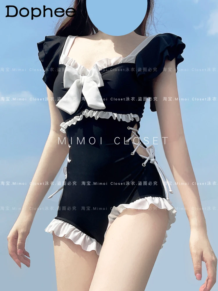 Japanese Cute Lolita Bow Swimwear Women 2024 Summer New Sweet Black Ruffle Sleeve Beach Dress Sexy Bathing Suit Female Student