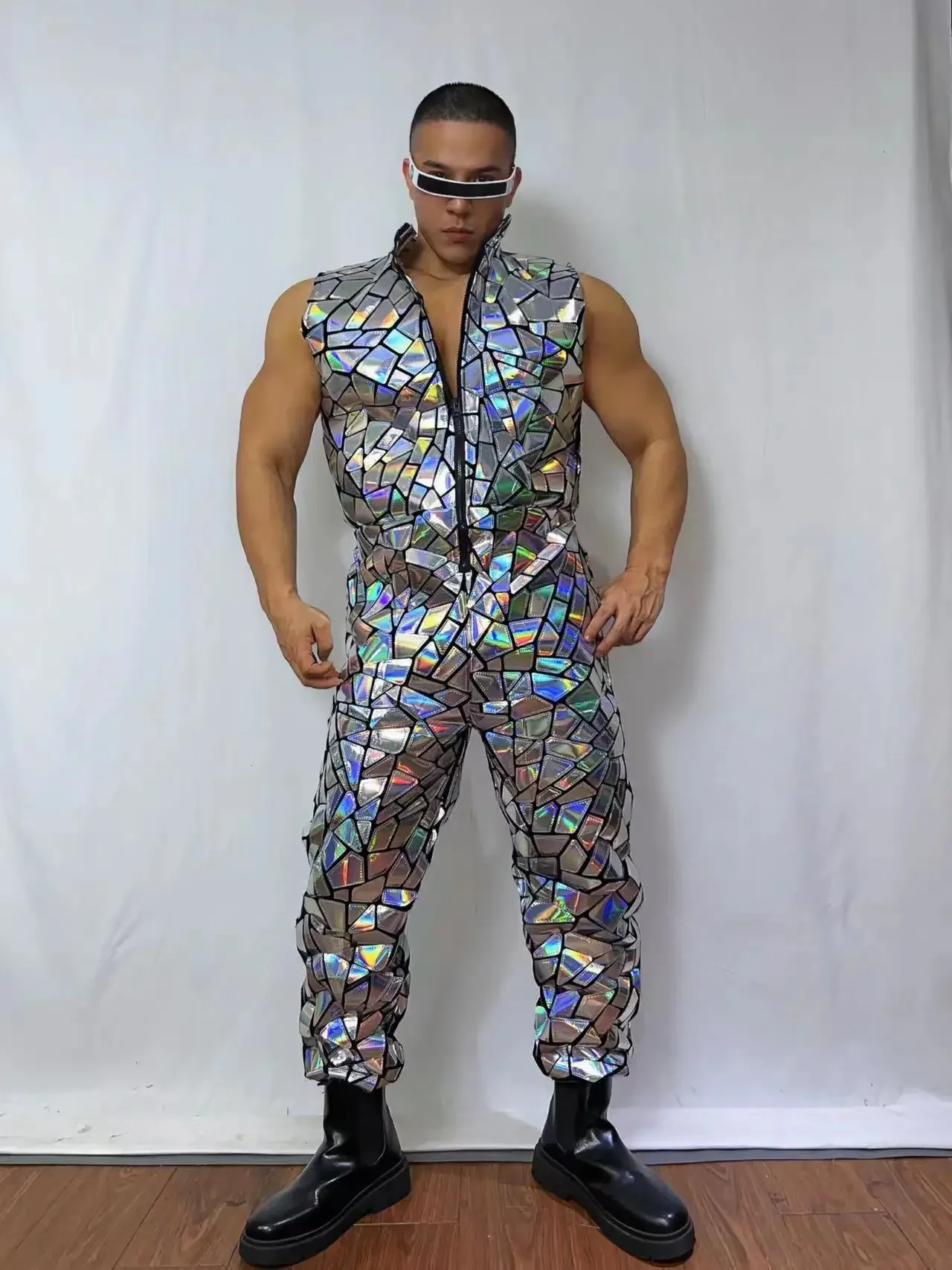 Gold Mirror Laser Sleeveless Jumpsuit Male Singer Dancer Team Performance Clothes Hip Hop Jazz Dance Overalls Club Party Costume