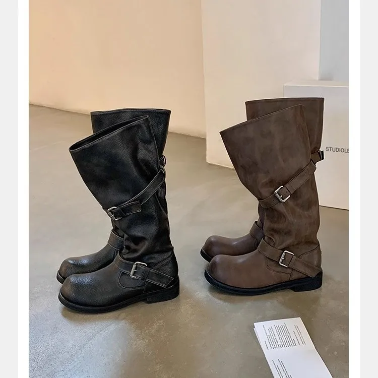 Women's Winter Cowhide New Wide Tube Large Circumference Round Trousers Thick Heel Thick Sole Leather Medium Tube Knight Boots