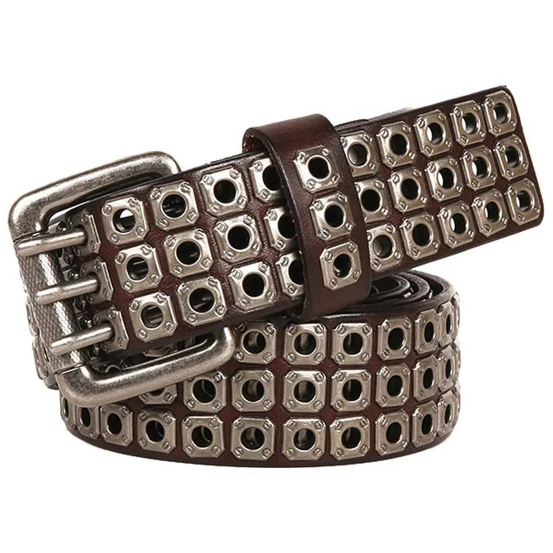 men luxury fashion cow leather belts punk gothic dress brand designer pin buckle belt black brown studded strapon mans waistband