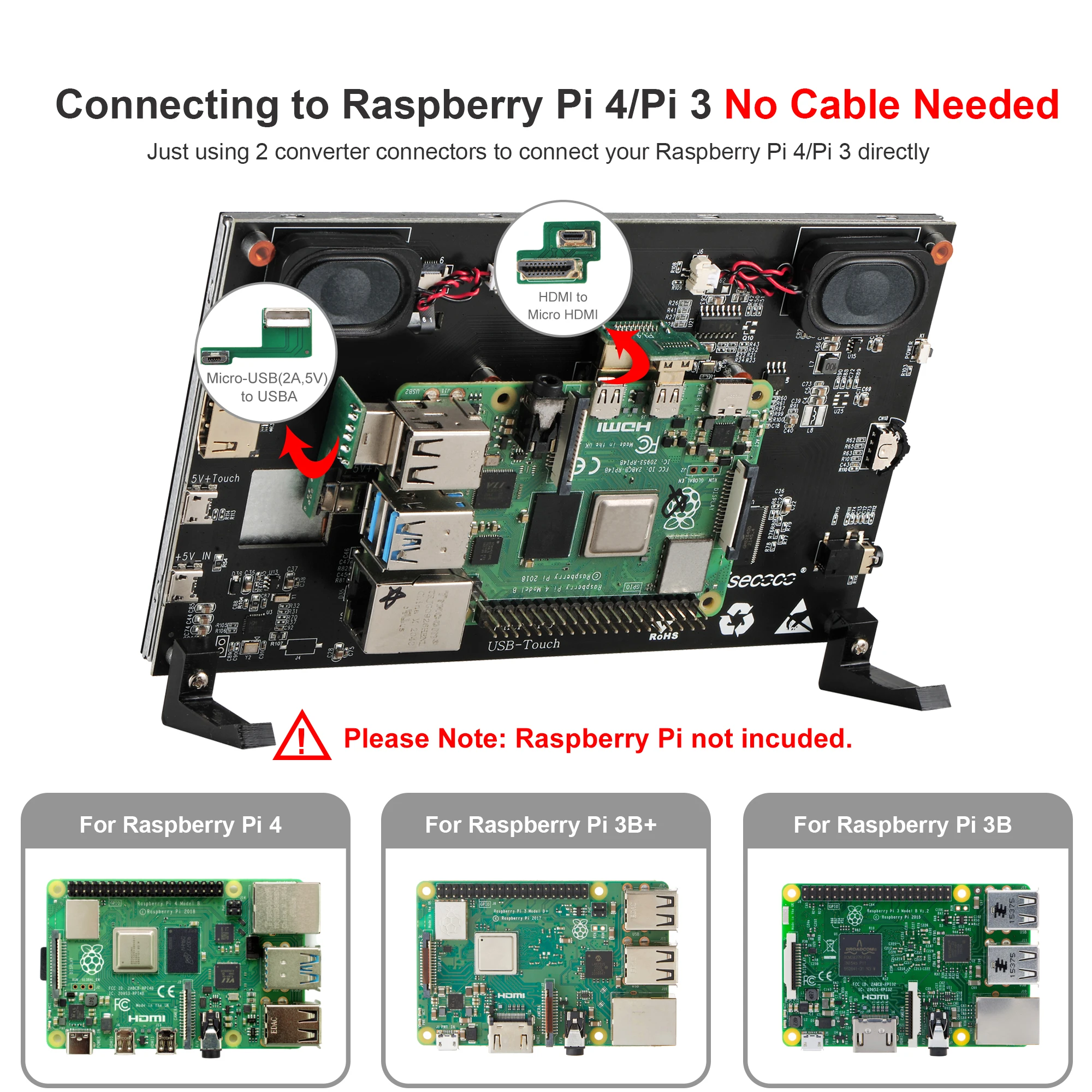 หน้าจอราสเบอร์รี่ Pi ขนาด7นิ้วหน้าจอสัมผัสขนาด1024x600ลำโพงคู่จอแสดงผล HDMI USB สำหรับ Raspberry Pi 5 3B 4 4B + สีดำบานานพายชนะ