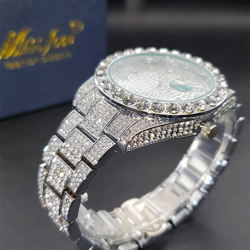 Men's Luxury Bling Bling Big Diamond Quartz Watch, Masculino Hip Hop Rock, Elegante, Impermeável, Calendário, Relógios de pulso, Drop Shipping