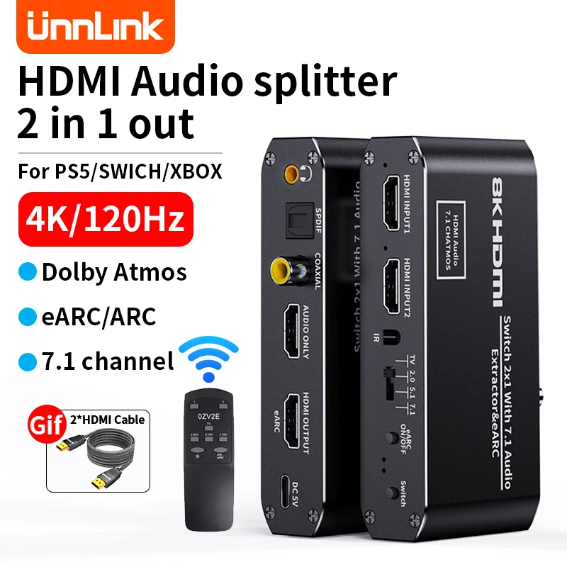 Unnlink HDMI Audio Extractor Splitter Switcher 4K 120Hz eARC /ARC 2 In 1 Out With SPDIF Optical Coaxial Aux  for PS5 Xbox Switch