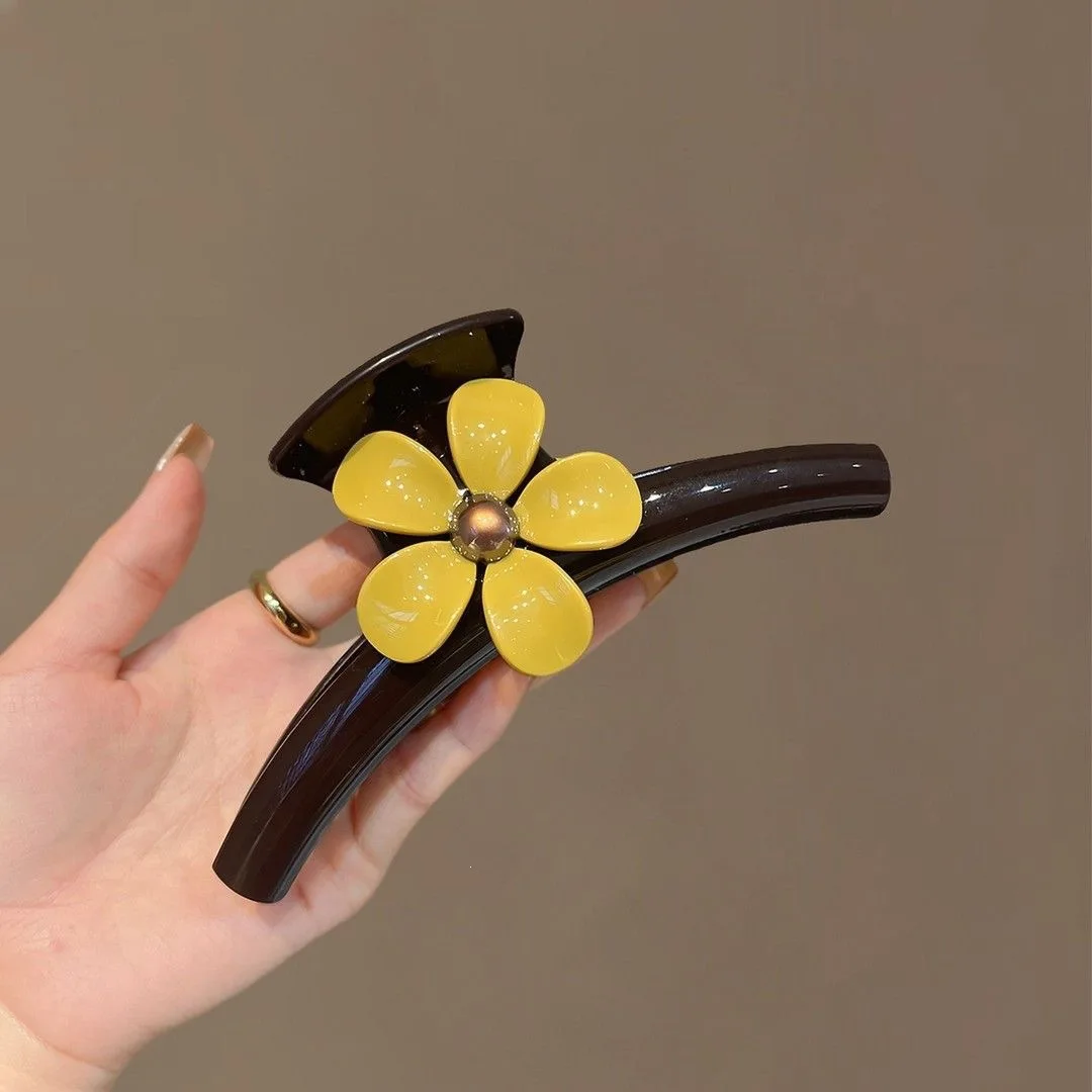 French Retro Yellow Flower Hair Claw Organza Leopard Print Hair Clip Rhinestone Double Layer Butterfly Shark Claw HairClaw Clip