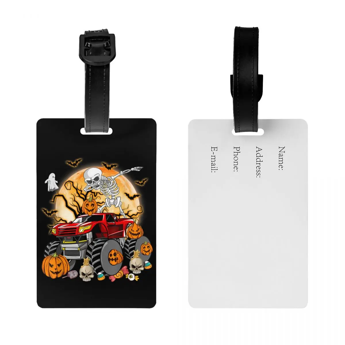 Custom Skeleton Monster Truck Luggage Tag Custom Halloween Baggage Tags Privacy Cover Name ID Card