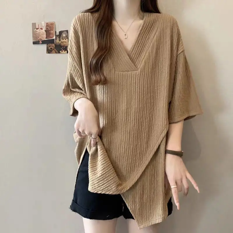

Plus-size women's spring and summer new pure color loose slimming V-neck crossover irregular mid-length short-sleeve T-shirt