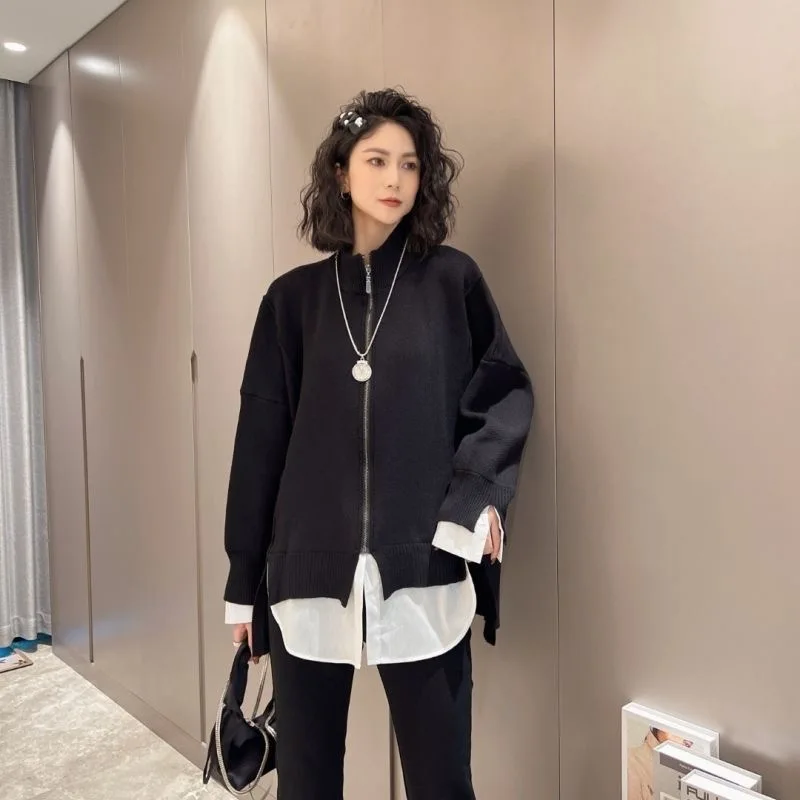 

IHOBBY Fake Two Pieces Zipper Blouse Large Size Stand Collar Shirt Patchwork Spring New Oversized Sweatshirt Cardigan