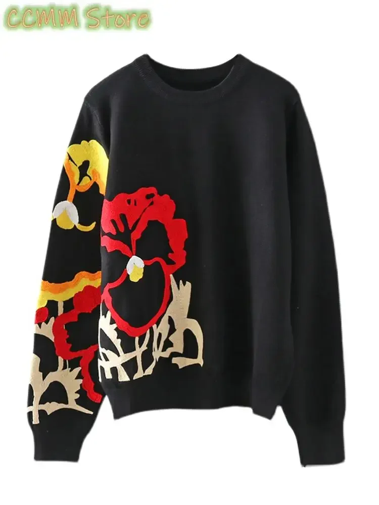 

Black Floral Embroidery Pullover Women Boho Long Sleeve O Neck Autumn Winter Jumper Top Loose Knitted Sweaters