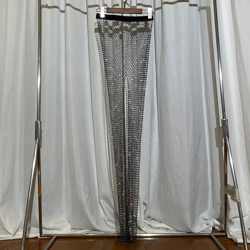 Glitzernde Kristall-Diamant-Party-Damenbekleidung Schwarz-Weiße Netzstrumpfhose Damen-Leggings Rave Festival Y2K Hosen 2026 Sommer Bleistifthosen – Detail 8