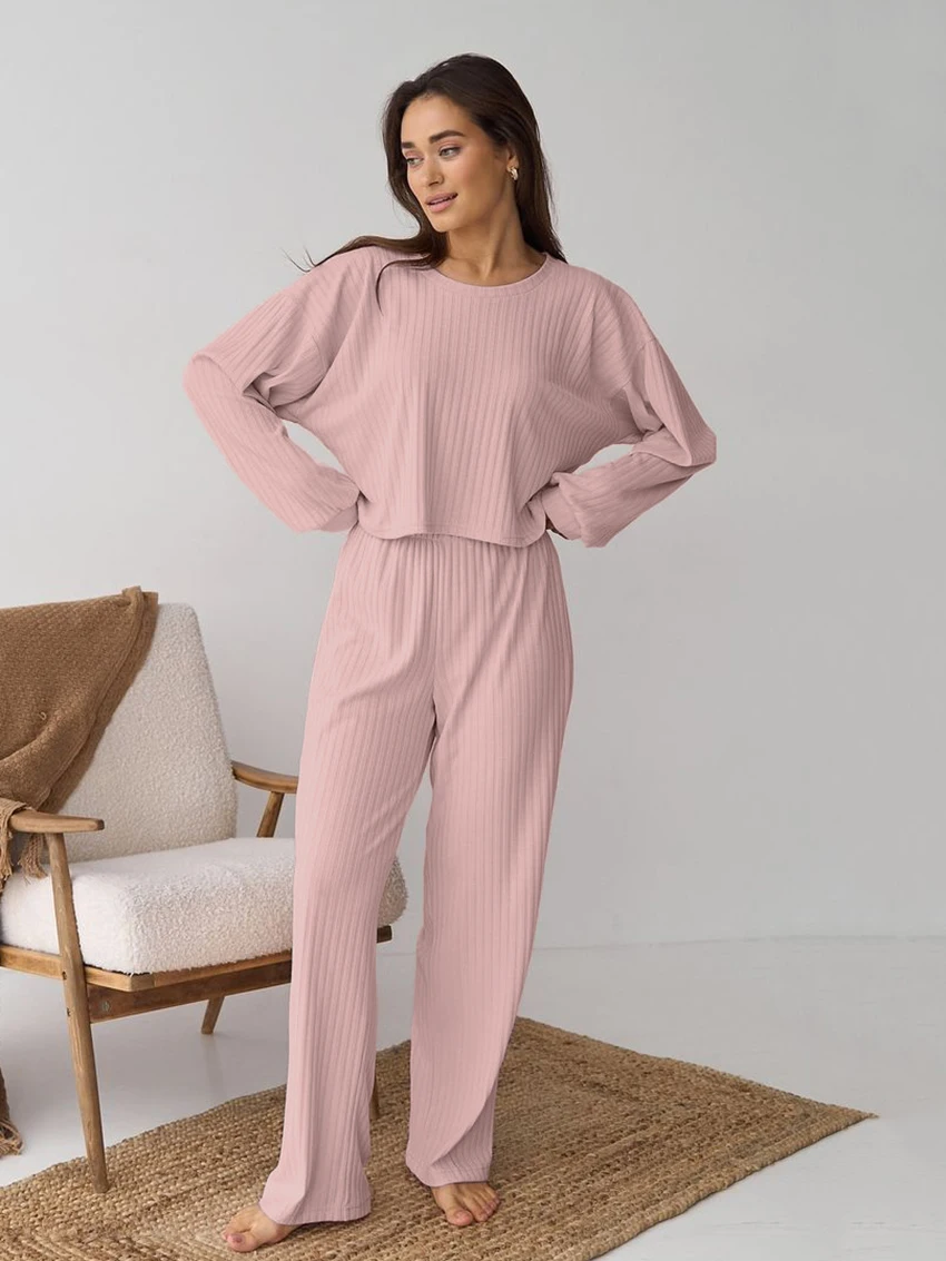 

Marthaqiqi Cotton Ladies Sleepwear Set O-Neck Pajamas Long Sleeve Nightwear Crop Top Nightgowns Pants Loose Female Nightie Suit