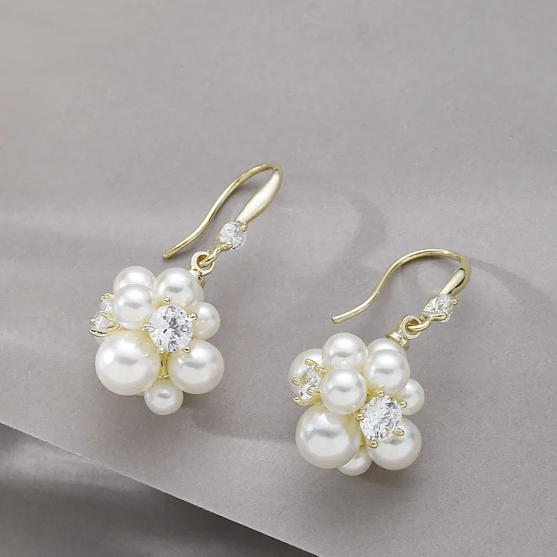 

Super fairy and sweet temperament diamond pearl flower ball earrings light luxury high-end commuting earrings accessories