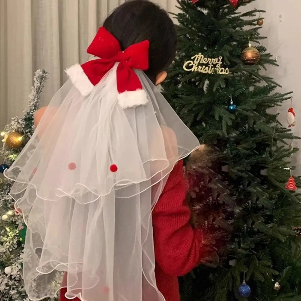 

Creative Red Christmas Veil Headband Mesh Hair Band Christmas Head Gauze Velvet Head Covering Bow Veil Birthday Headdress