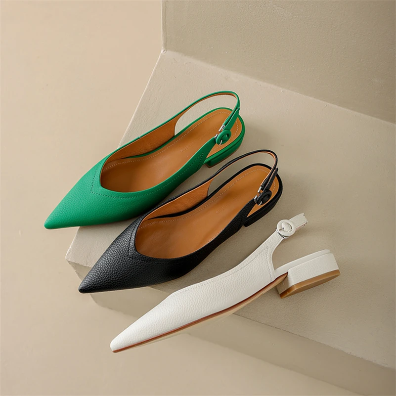 Meotina Women Genuine Leather Slingbacks Pointed Toe Flats Buckle Ladies Fashion Casual Shoes Spring Summer Green Beige