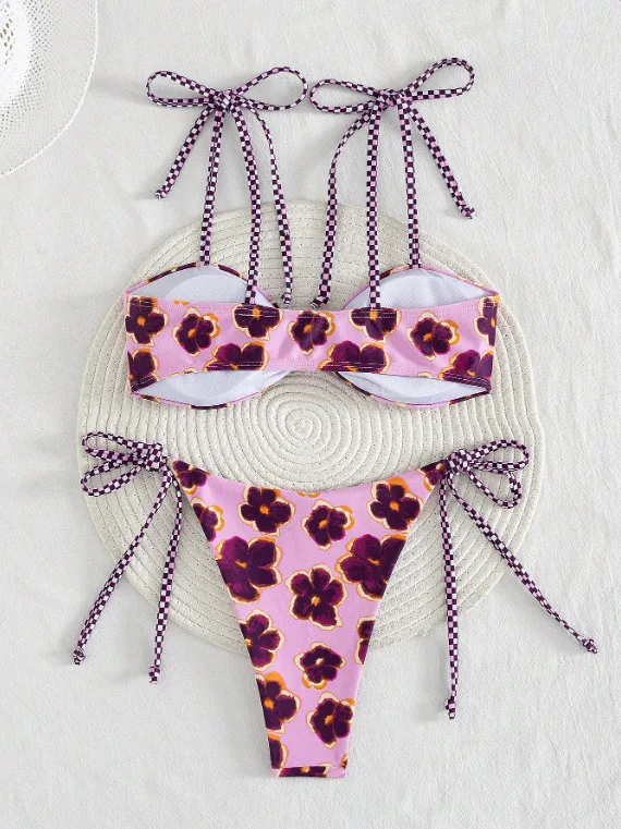 Women Light Purple Floral 2 Piece Bikini Set Front Twist Top Checkerboard Tie Straps Side Tie Thong Swimsuits Beach Swimwear