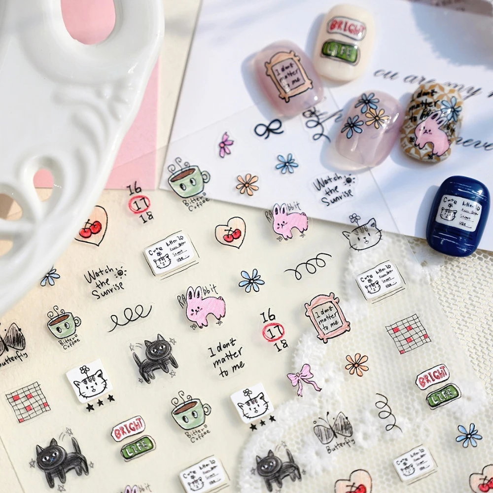 

Cartoon Cute Sketch Lines Graffit 3D Self Adhesive Nail Art Stickers Cat Rabbit Bowknot Flower Butterfly Lovely Manicure Decals