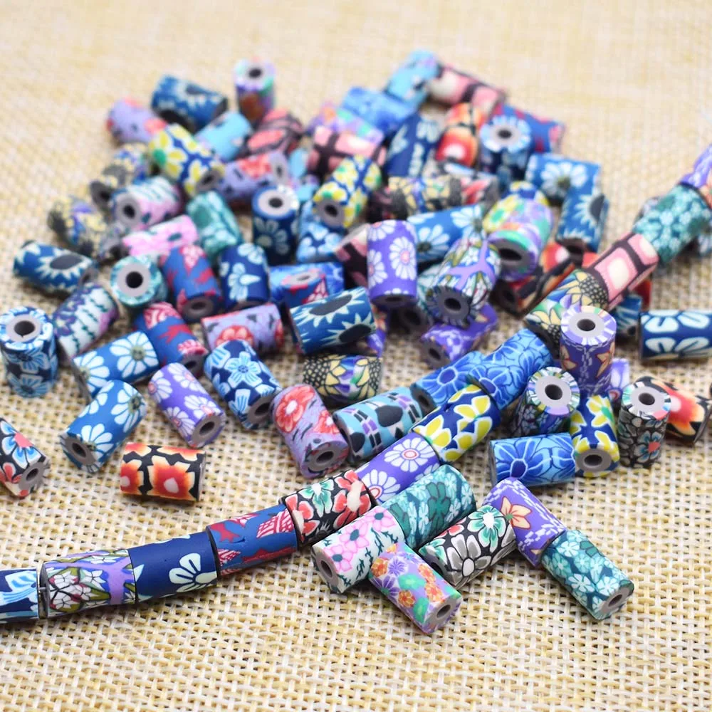 Mixed-color 7x11mm Tube Polymer Clay Beads Flower Pattern Printing Beads Tube Loose Spacer Beads for Jewelry Making DIY Bracelet