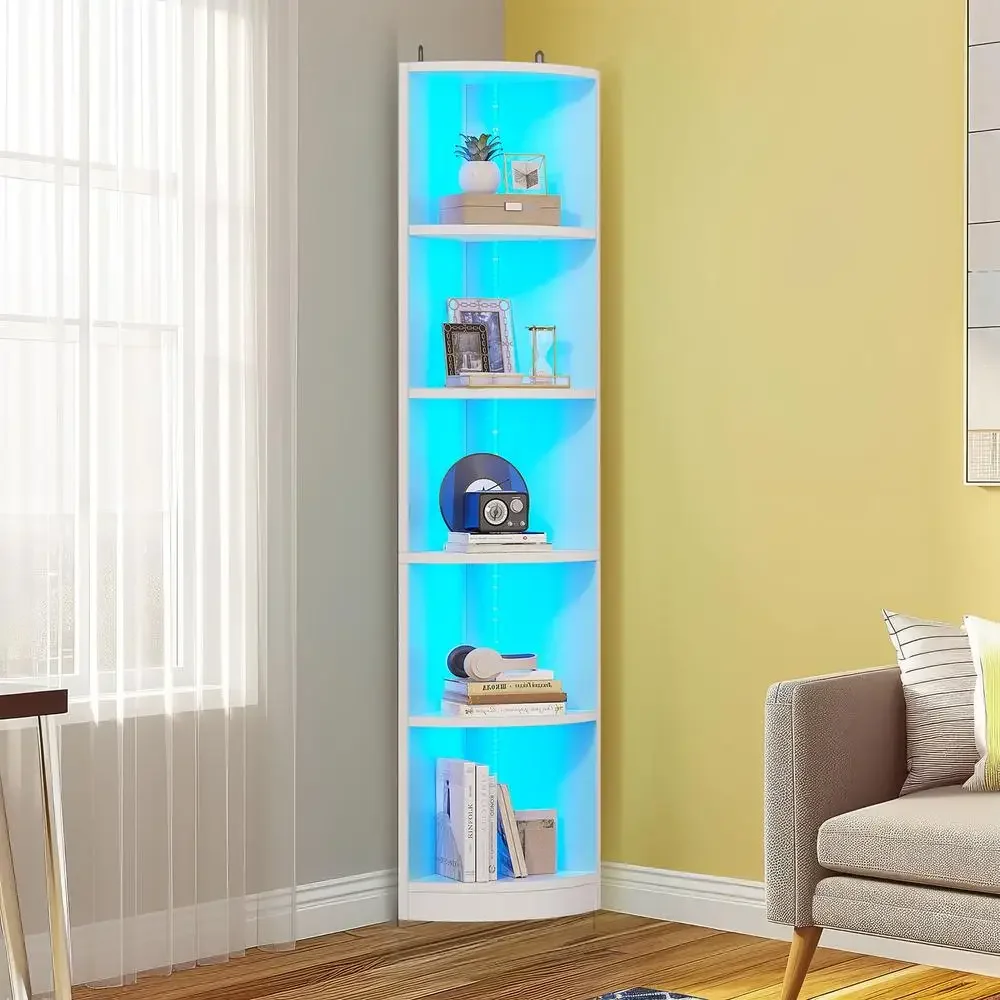 5-Tier Modern Corner Bookcase with LED Light Freestanding Wooden Open Storage Shelves 70.9