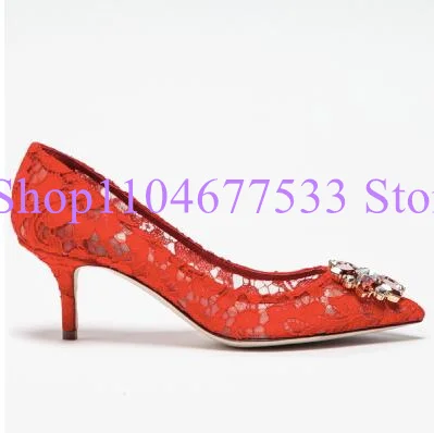 

Crystal Lace Woman Pumps Fashion 6/9.5cm Heel Lady Dress Shoes Office High Heels New Pointed Toe Thin Heel Party Shoes