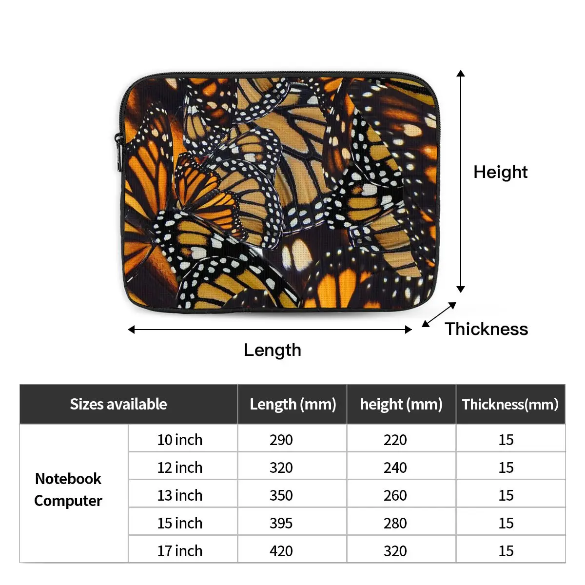 Butterfly Orange Pattern Notebook Laptop Bag Case Pouch 10 12 13 15 17 Inch Notebook Sleeve Cover Bag Tablet Shockproof Case Bag