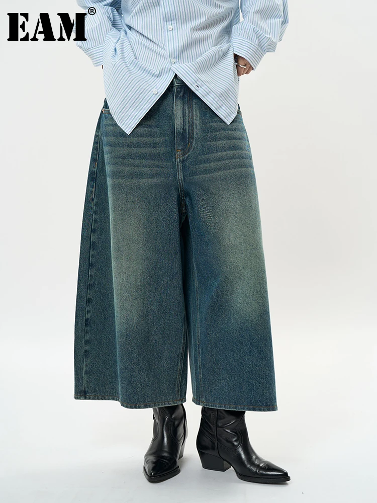 [EAM] High Waist Blue Denim Vintage Calf-Length Wide Leg Jeans New Women Trousers Fashion Tide Spring Autumn 2025 1DH9244