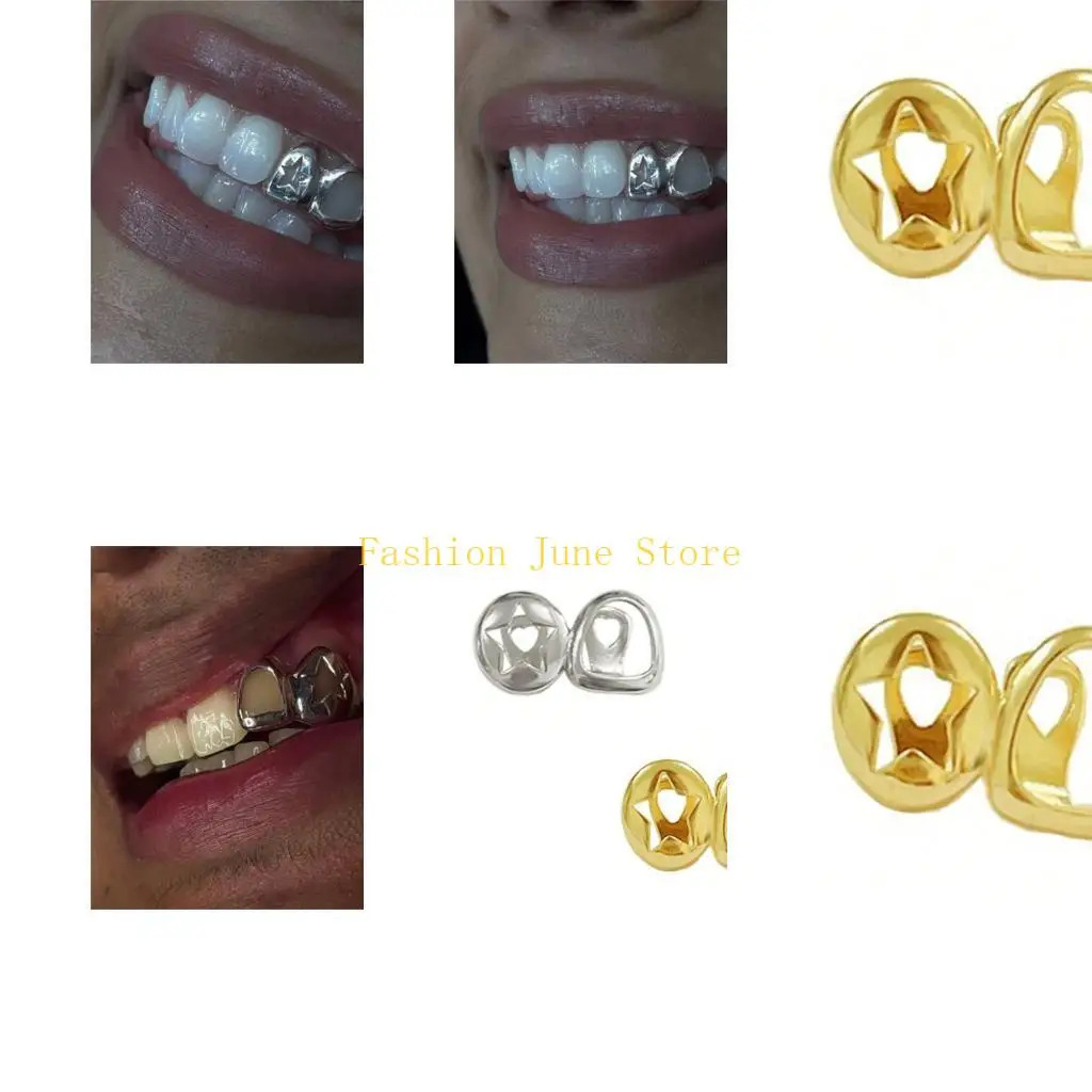 

N5KA Round Star Hip Hop Copper Fangs Mouth Jewelry Party Dental Accessory Metal Texture Suitable for Adults and Kids