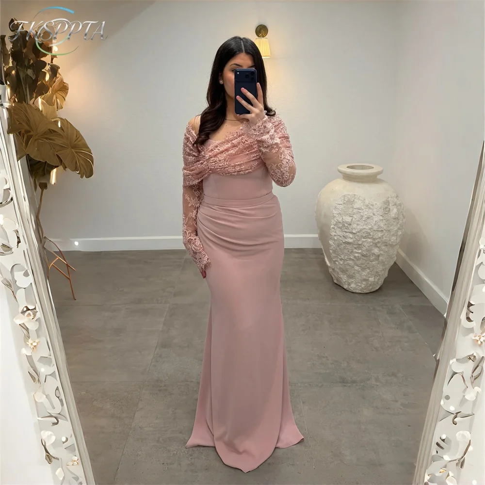 Vestido de noche de manga larga de alta calidad, vestido de encaje con hombros descubiertos, satén, sirena, vestidos formales para mujer, para fiesta de boda, graduación, barato