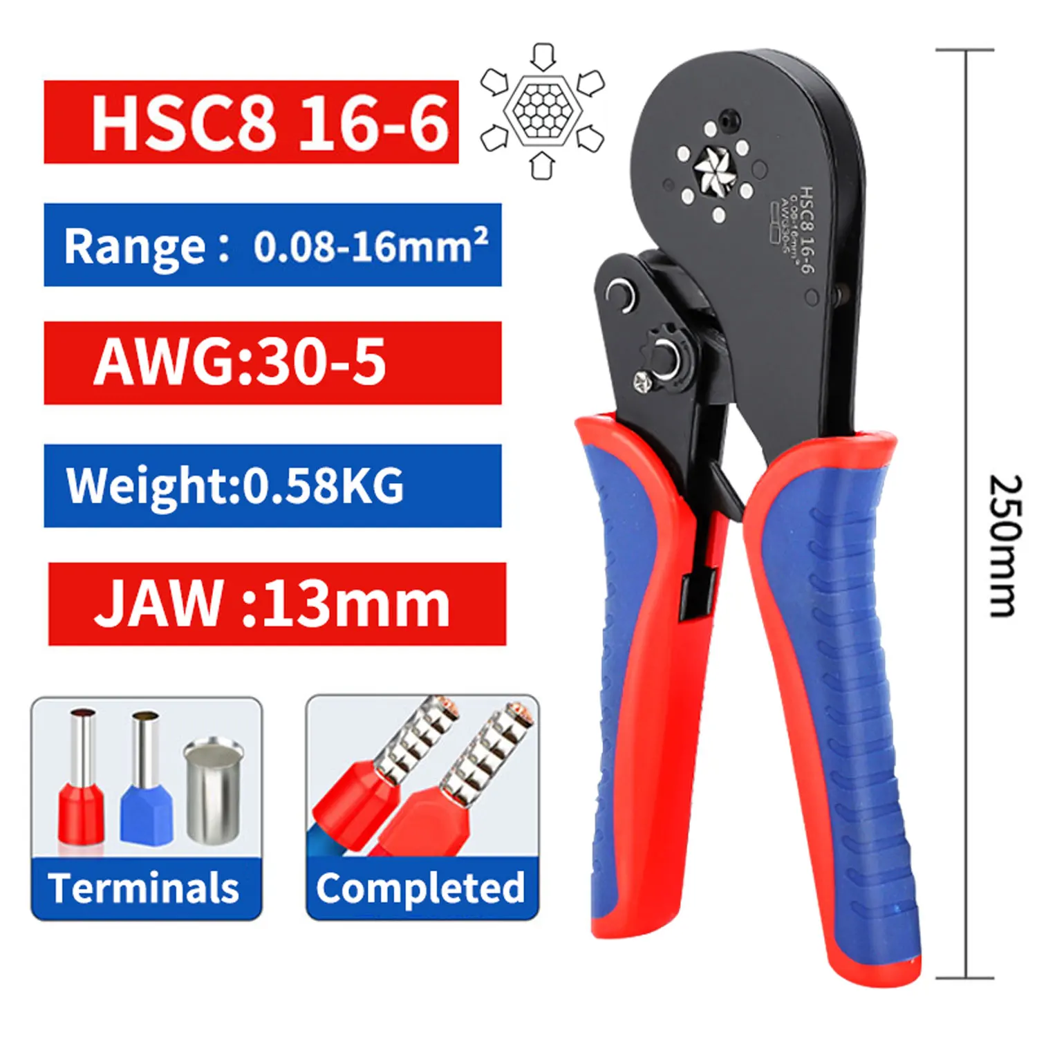 HSC8 16-6 Pro Hexagonal Ratchet Crimping Plier for End Sleeves and Ferrules - Crimps 0.5-16mm² (AWG 20-5）Ferrule Terminals