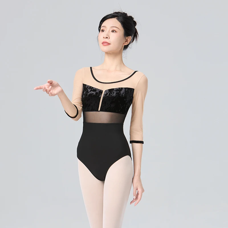 Ballet Leotards for Women Adult Half Sleeve Dance Bodysuits Nylon Mesh Velvet Splice Aerialist Yoga Bodysuits Gymnastics Leotard