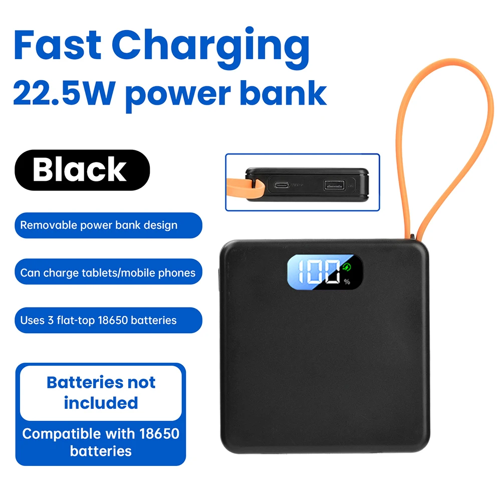 

DIY 18650 Power Bank Case 10W/22.5W Fast Charging Battery Box Micro USB Type-C No-Soldering Battery Storage Shell Built-in Cable