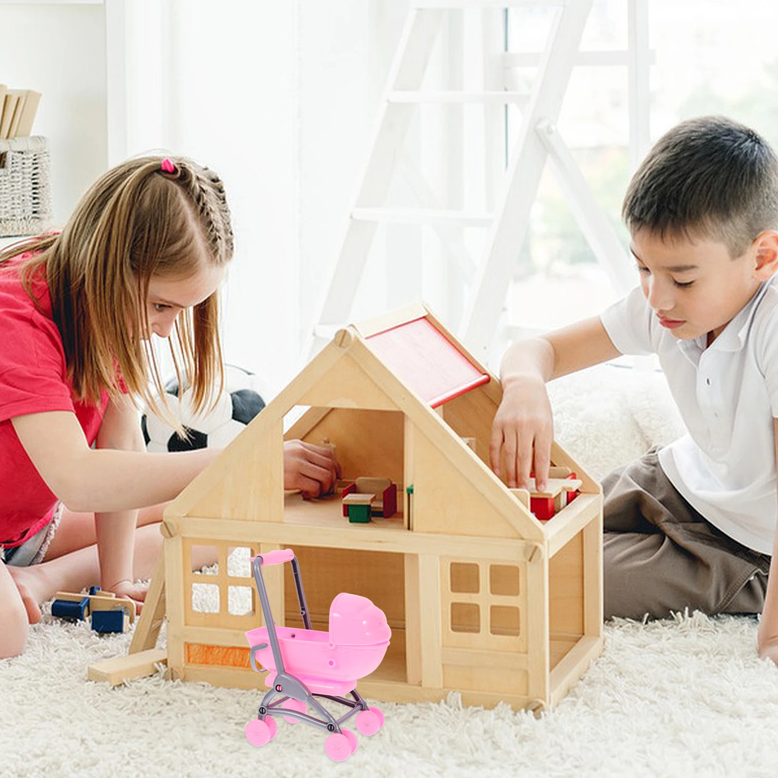 

Пластиковая детская коляска для декора мебели для кукольного домика, изысканный дизайн, длительное использование, реалистичный внешний вид, детские игры для вечеринок