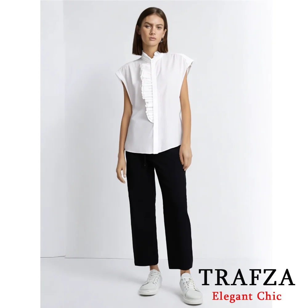 TRAFZA Vintage White Women Shirt Fashion 2024 Summer Laminated Flying Sleeve Shirts Office Lady Blouses Casual Chic Elegant Tops