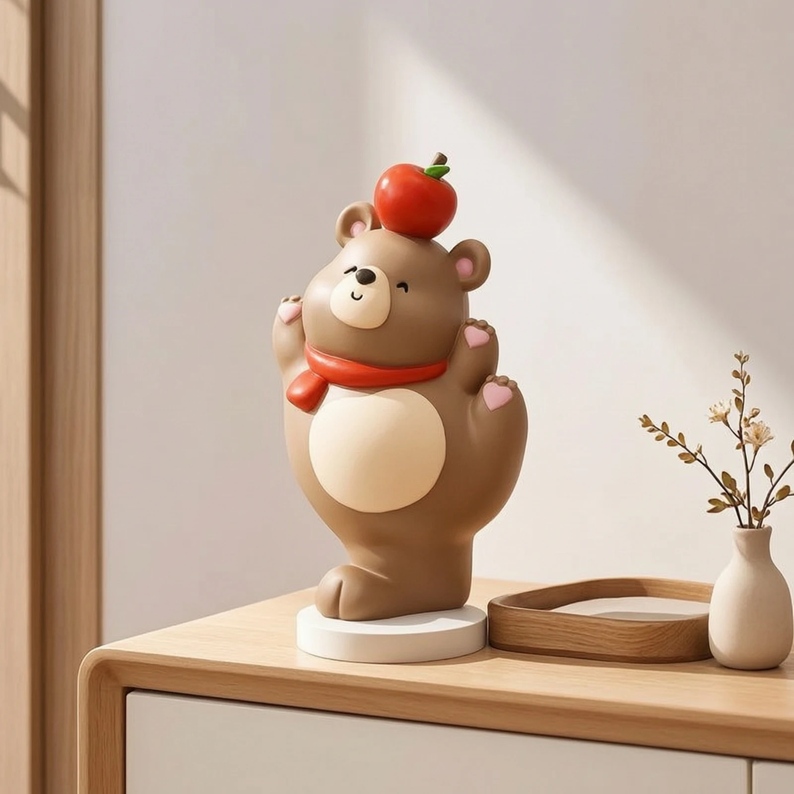 Bear Ornament with Apple Resin Bear Figurine Desktop Ornament Tabletop Bärenfiguren Whimsical for Collectors, Desk