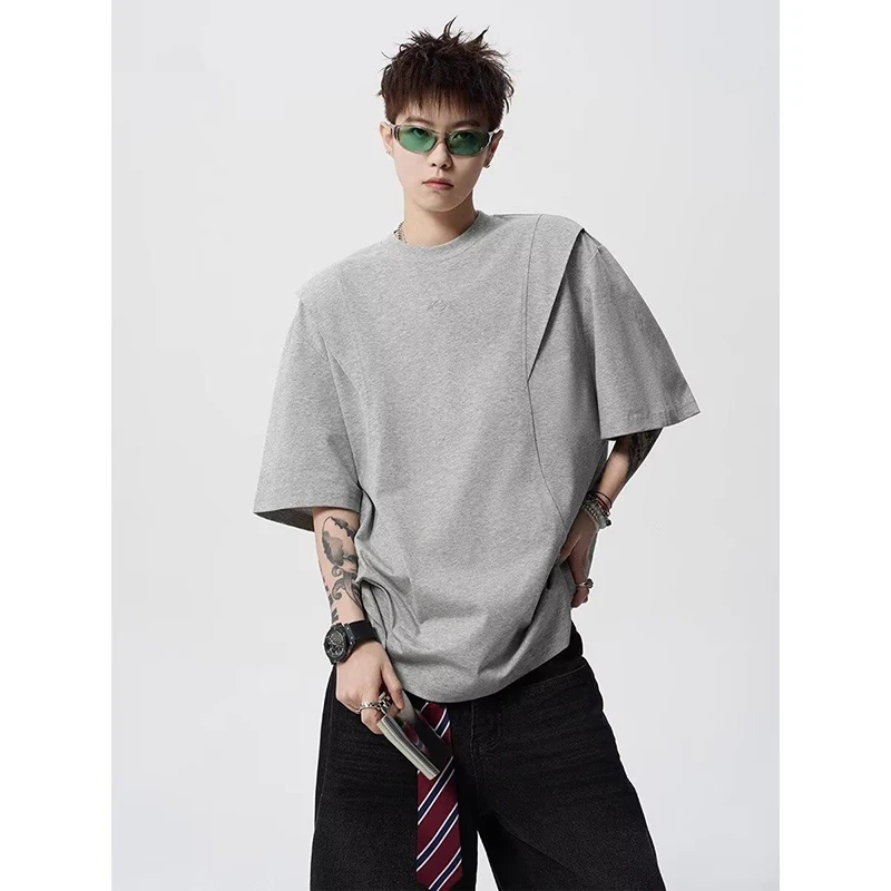 Men Summer Deconstructed T-shirt Korean Fashion Streetwear Loose Oversized Short Sleeve Top Casual Simple Harajuku Style Male Te