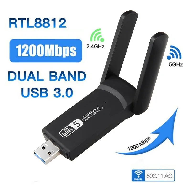 

1200Mbps WiFi Wireless Network Card 2.4GHz 5GHz Dual Band USB 3.0 Adapter WiFi Network Receiver with 2 Antenna for PC Computer