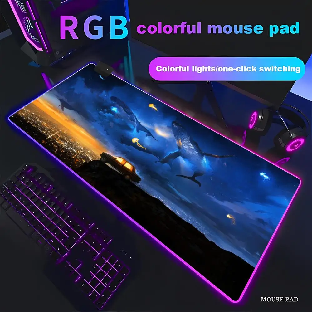 

HYBXAXC Whales in Clouds & Galaxy Train Fantasy Gaming Mouse Pad Beautiful RGB Gaming HD Gamer LED PC Computer Non-slip Decor