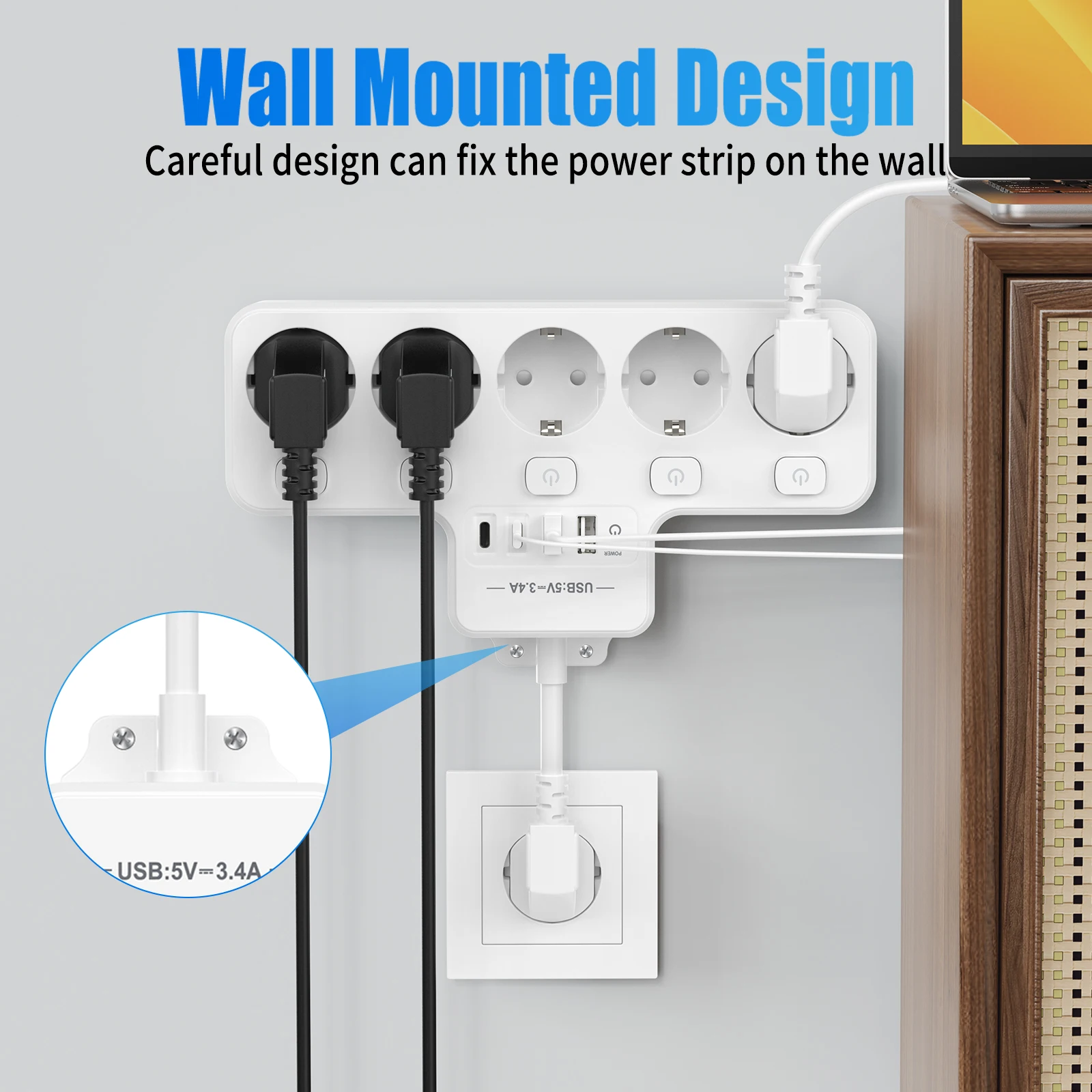 Eu Multi-plug power strip with 2 USB and 2 Type-C charging ports Power adapter Multi-function wall power socket 16A 4000W white image 4
