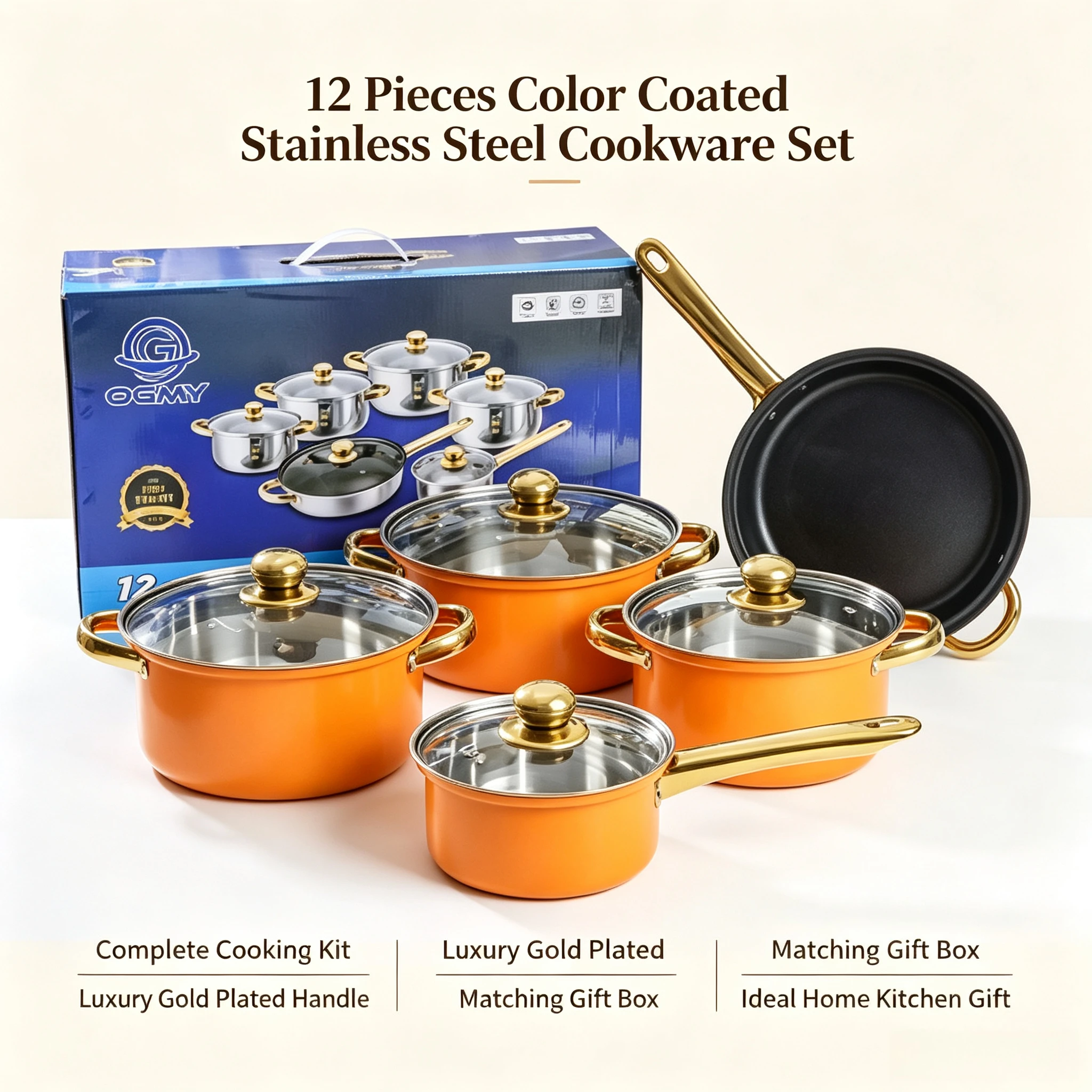 12点セット-ステンレス製-ノンスティック調理器具セット-金メッキハンドル-フライパン、スープパン、ミルクパン-全ての家庭用コンロに適しています