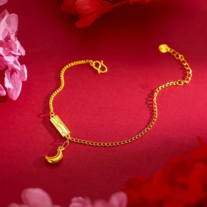 

9999 Real Gold 24K Literary and Retro Acacia Bamboo Crescent Bracelet Premium Moon Bamboo Flower Fine Bracelet