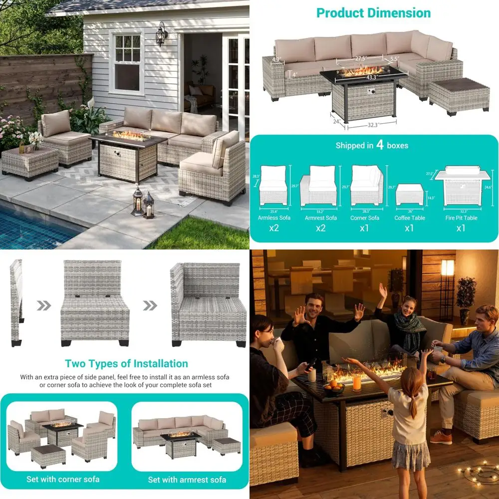 

7-Piece Outdoor Patio Furniture Set with 55,000 BTU Fire Pit, PE Wicker Rattan Sectional Sofa Conversation Area