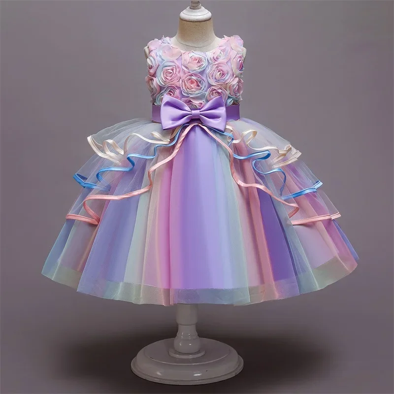 

Girls Rainbow Tulle Dresses Kids Wedding Tutu Layers Cake Princess Elegant Party Prom Dress Children Communion Evening Clothes