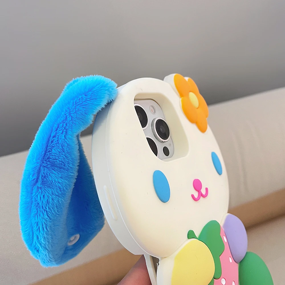 Japan Ins Rainbow Bunny Rabbit Weiche Silikonhülle für iPhone 16 15 14 13 12 Pro Max 3D Cartoon stoßfeste Abdeckung mit Riemenohr – Detail 2