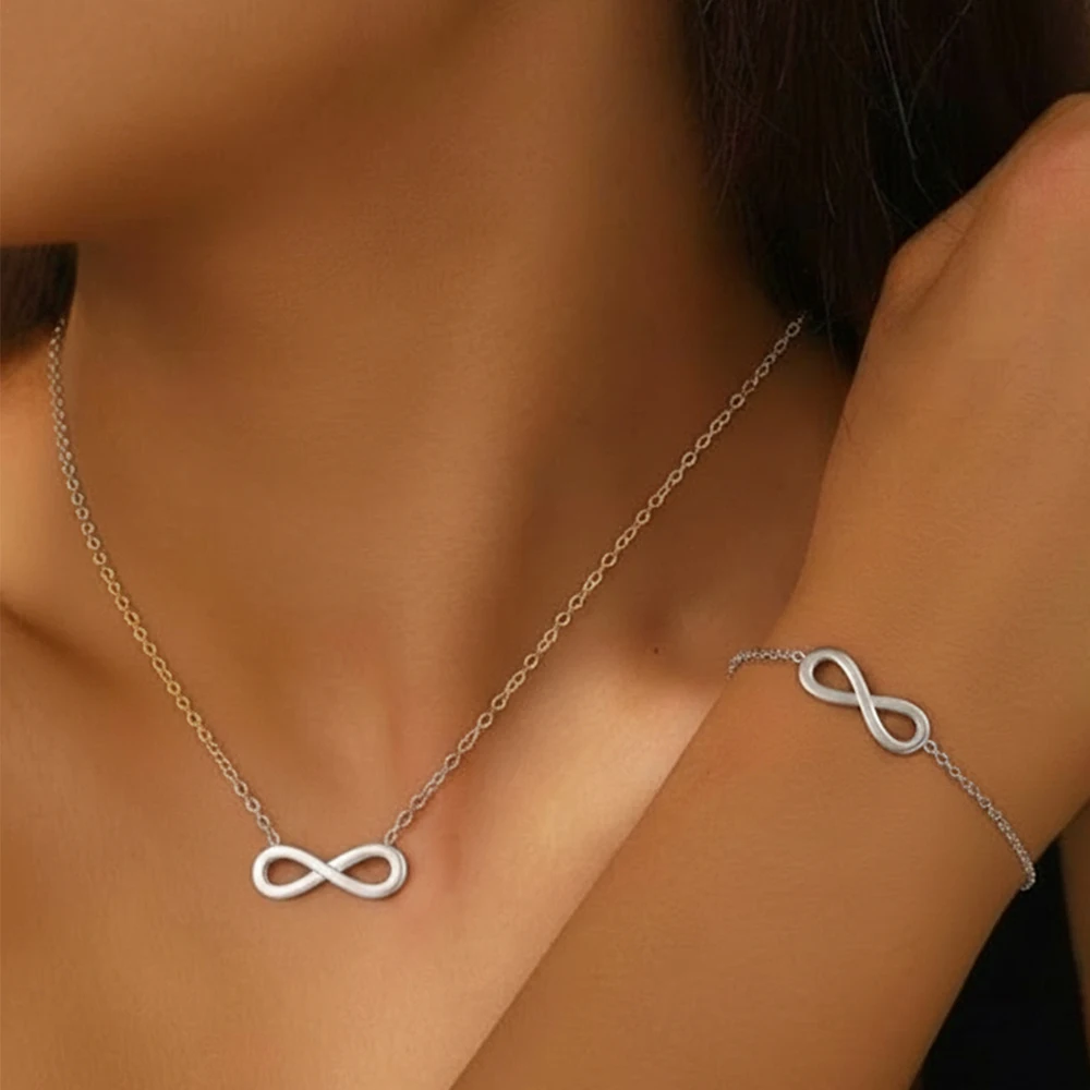 Stainless Steel Gold Infinite Symbol Number 8 Geometric Necklace Bracelet Two-Piece Suit for Women Jewelry Commuter Collocation