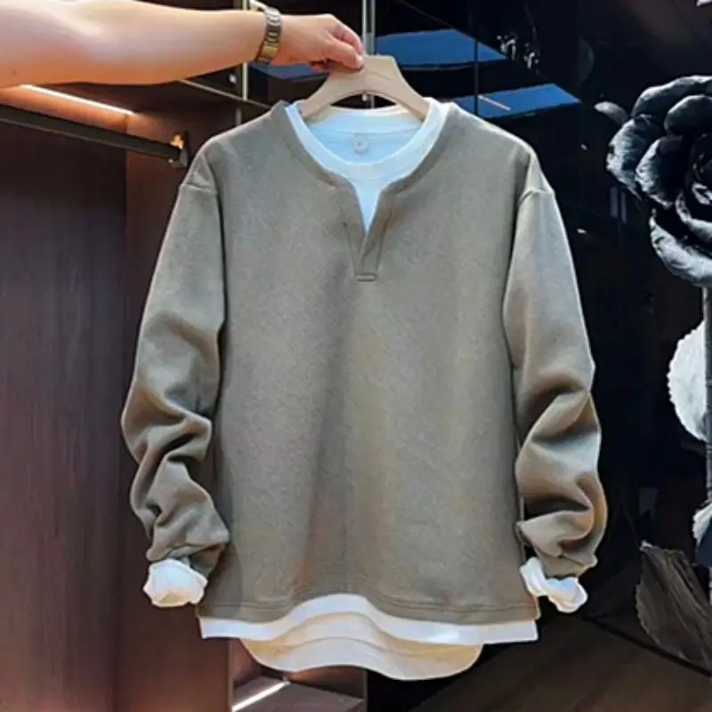 Kaus Hoodie Longgar Tren Dua Potong Palsu Baru Musim Semi Musim Gugur Atasan Kasual Tambal Sulam Lengan Panjang Pakaian Pria Antik Mode