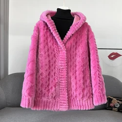 Lady Women Sheep Shearling Fur Winter Coat Female Girl Winter Warm Hooded Overcoat JT3296