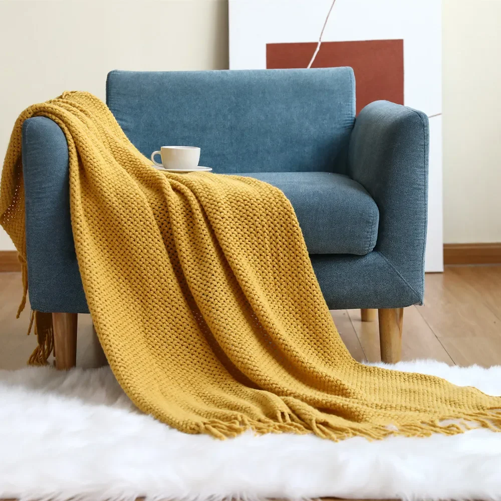 Nordic Soild Color Knitted Shawl Sofa Blanket with Tassels Sofa Scarf Emulation Fleece Throw Blanket TV Blankets Bed Home Decor